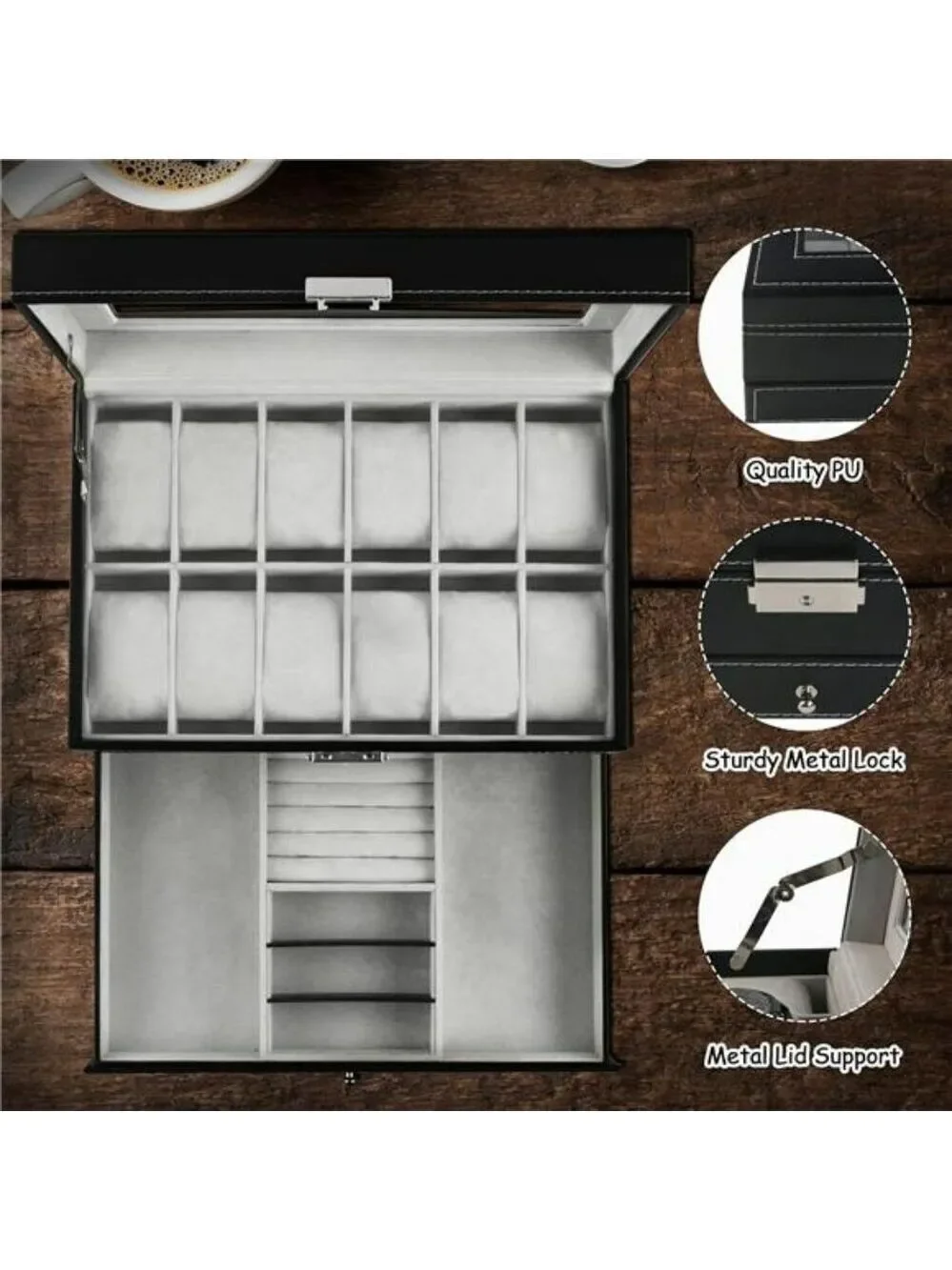 Watch Display Box 12 Slot PU Leather Jewelry Organizer with Glass Lid Drawer